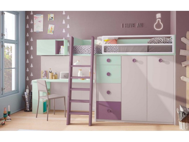 Lit mezzanine enfant avec bureau intégré PERSONNALISABLE F221 - GLICERIO