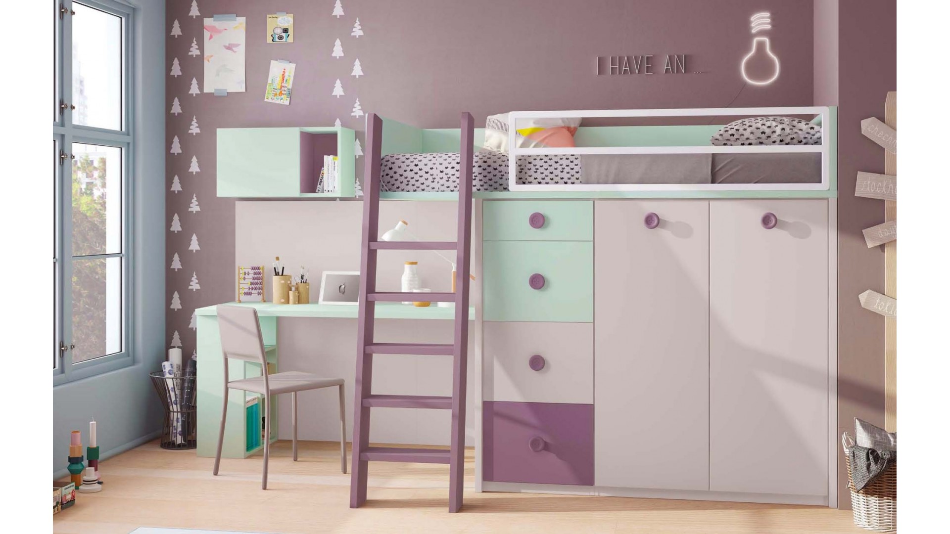 Lit mezzanine enfant avec bureau intégré PERSONNALISABLE F221 - GLICERIO