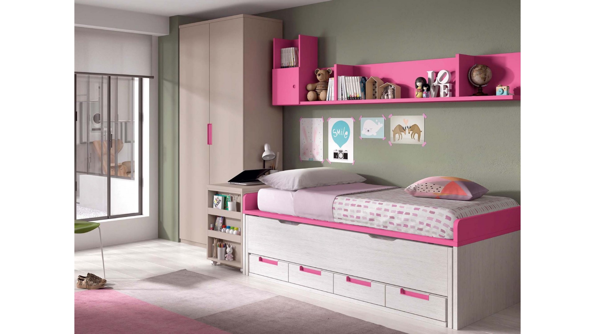 Lit surélevé fille avec bureau extractible PERSONNALISABLE F017 - GLICERIO