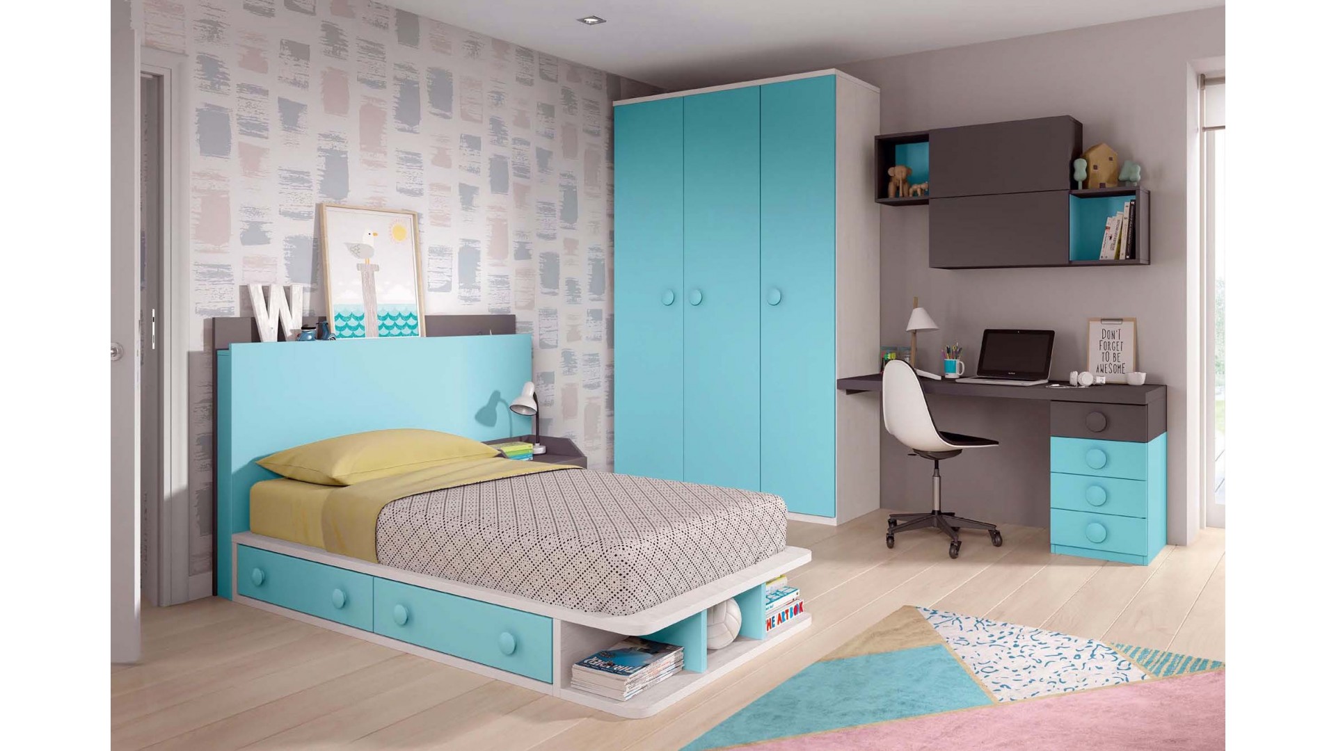 Lit 1 personne avec rangement et bureau PERSONNALISABLE F502 - GLICERIO