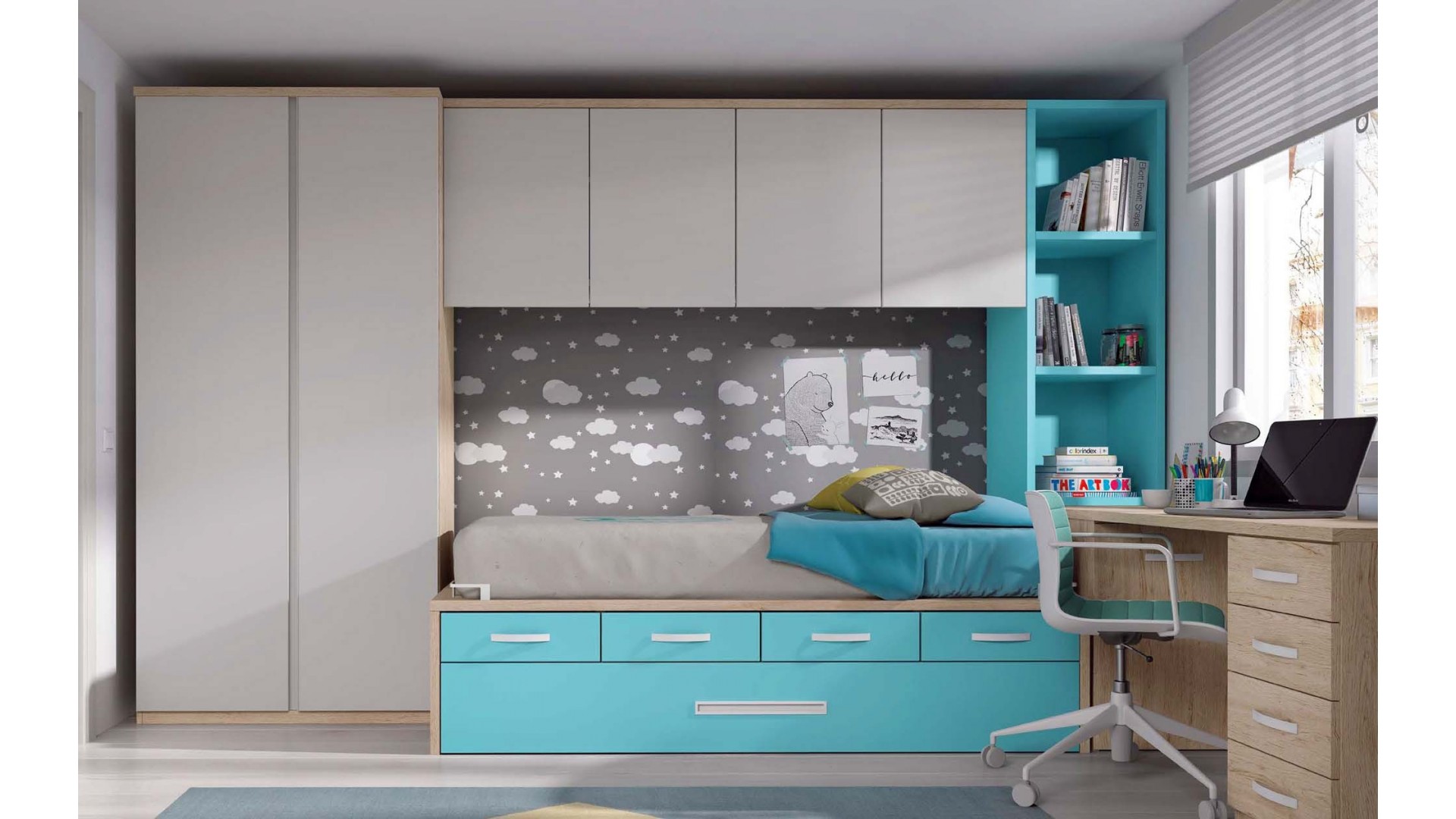 Chambre junior avec lit gigogne et bureau PERSONNALISABLE F032 - GLICERIO