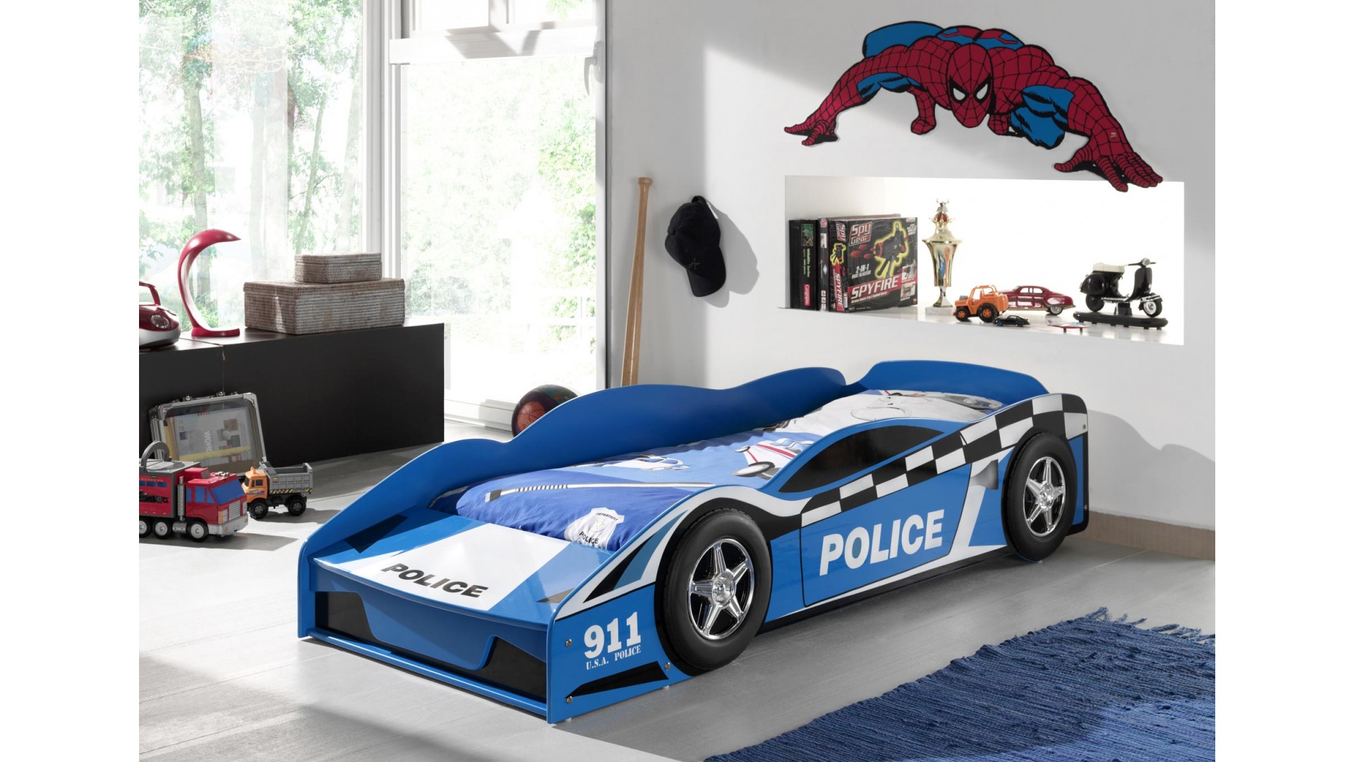 Lit voiture bleu de police junior couchage 70 x 140 cm - SONUIT