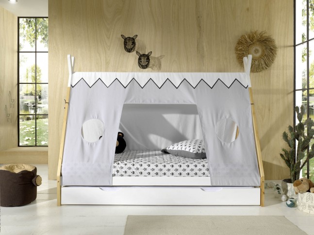 Lit cabane enfant TIPI avec tiroir gigogne et tissus 90x200 cm - SONUIT