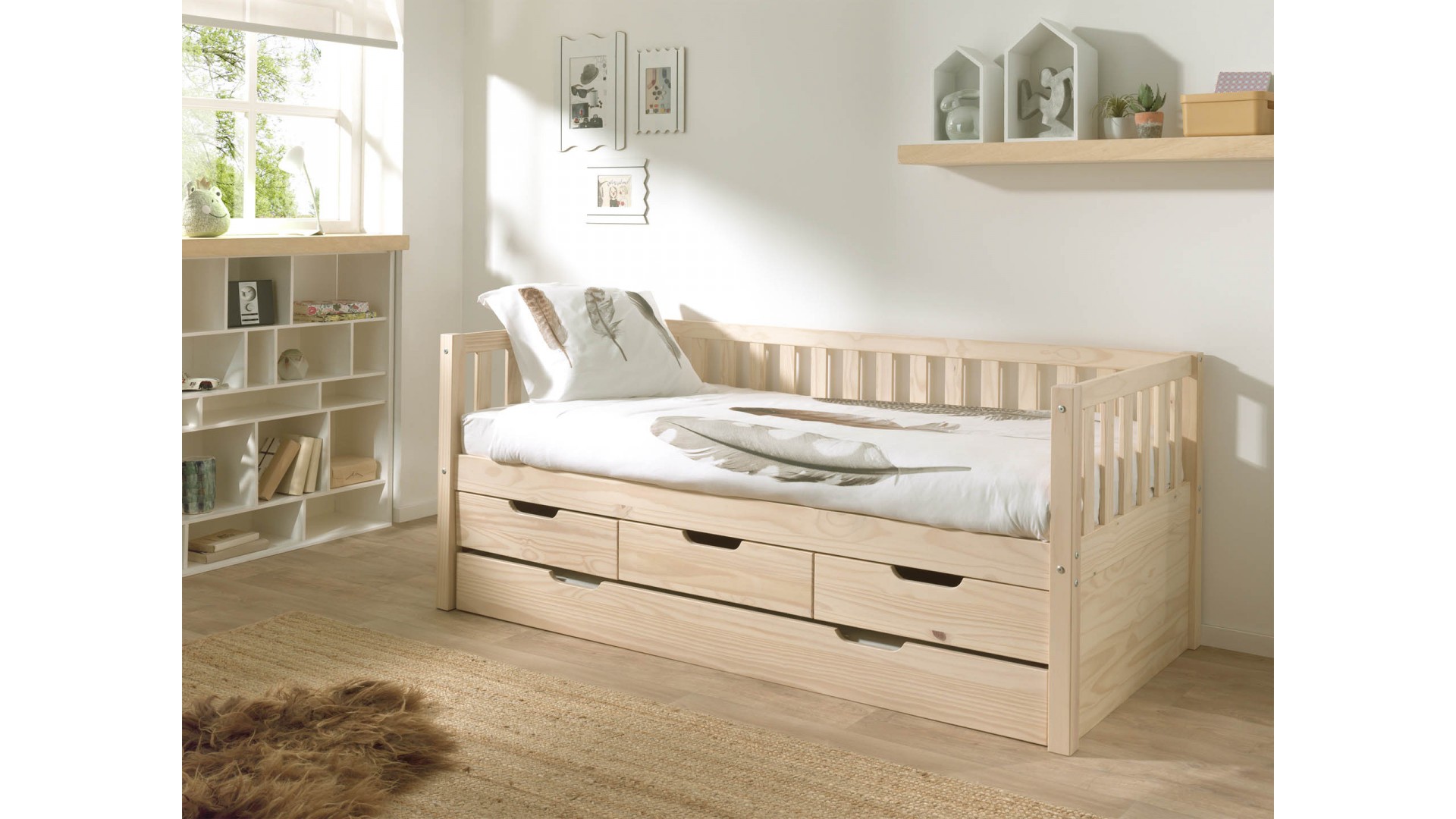 Lit banquette enfant surélevé nature COSY avec tiroirs 90x200 cm - SONUIT
