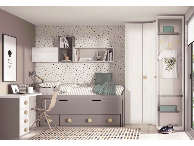 Chambre complète enfant lit gigogne 90 x 190 cm - 3 produits - Coloris :  Chêne et blanc - SONIA