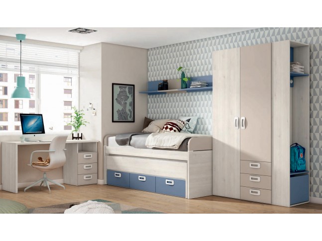 Chambre enfant avec lit gigogne, rangements et bureau J12 - EXOJO