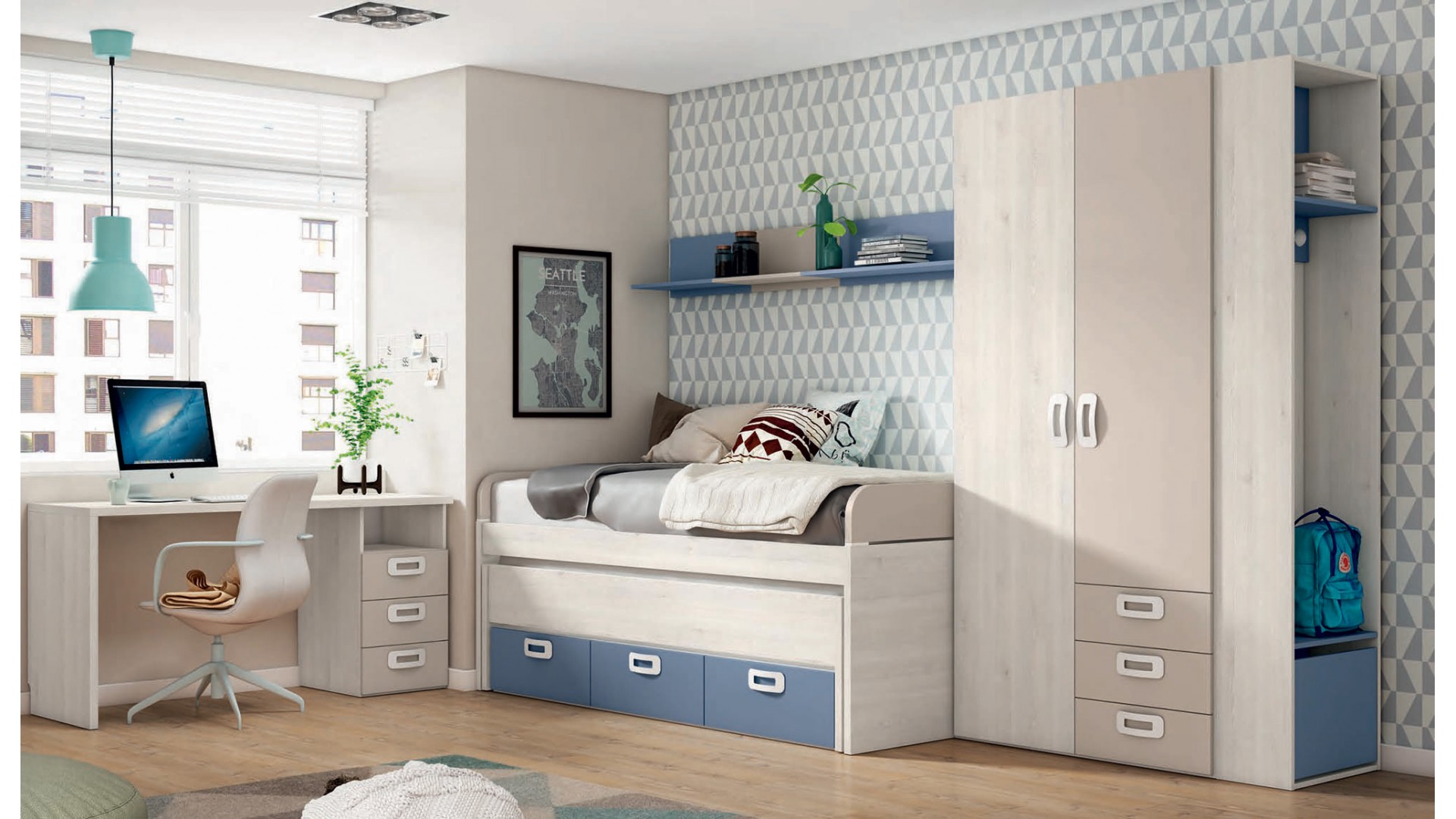 Chambre enfant avec lit gigogne, rangements et bureau J12 - EXOJO