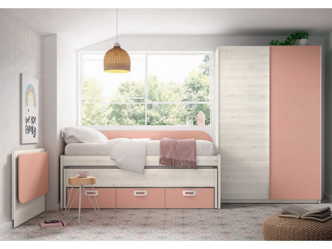 Chambre fille avec lit gigogne, rangements et bureau escamotable J13 - EXOJO