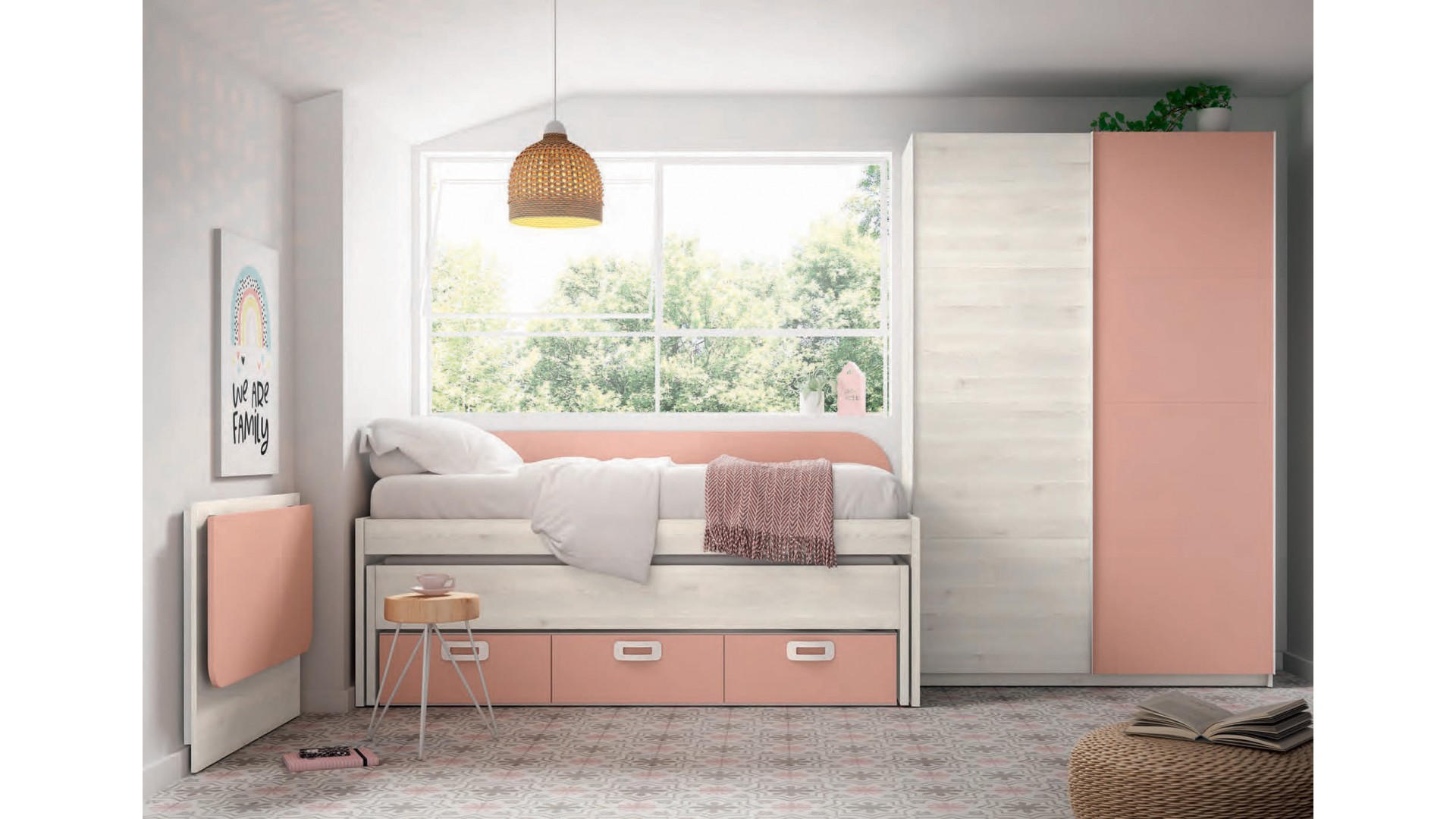 Chambre fille avec lit gigogne, rangements et bureau escamotable J13 - EXOJO