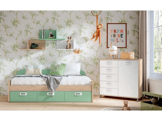 Chambre enfant avec lit bas 3 coffres & commode J16 - EXOJO