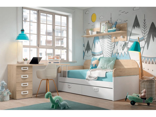 Chambre enfant avec lit bas 2 coffres avec bureau J17- EXOJO