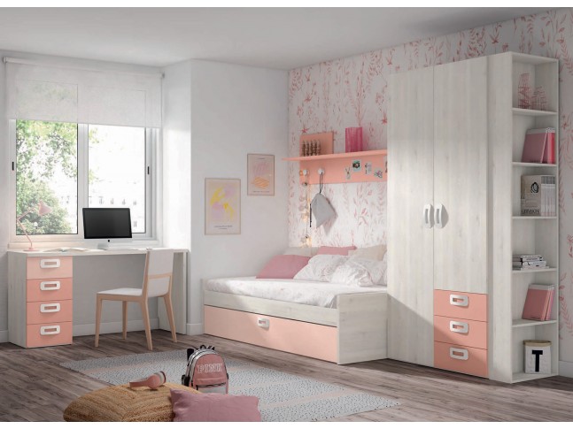 Chambre enfant fille avec lit gigogne & bureau J019 - EXOJO