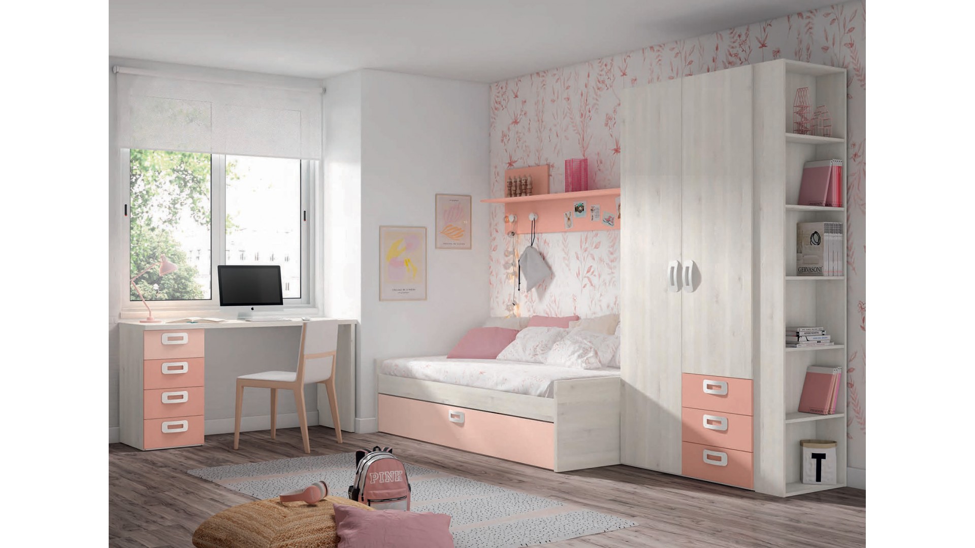 Chambre enfant fille avec lit gigogne & bureau J019 - EXOJO