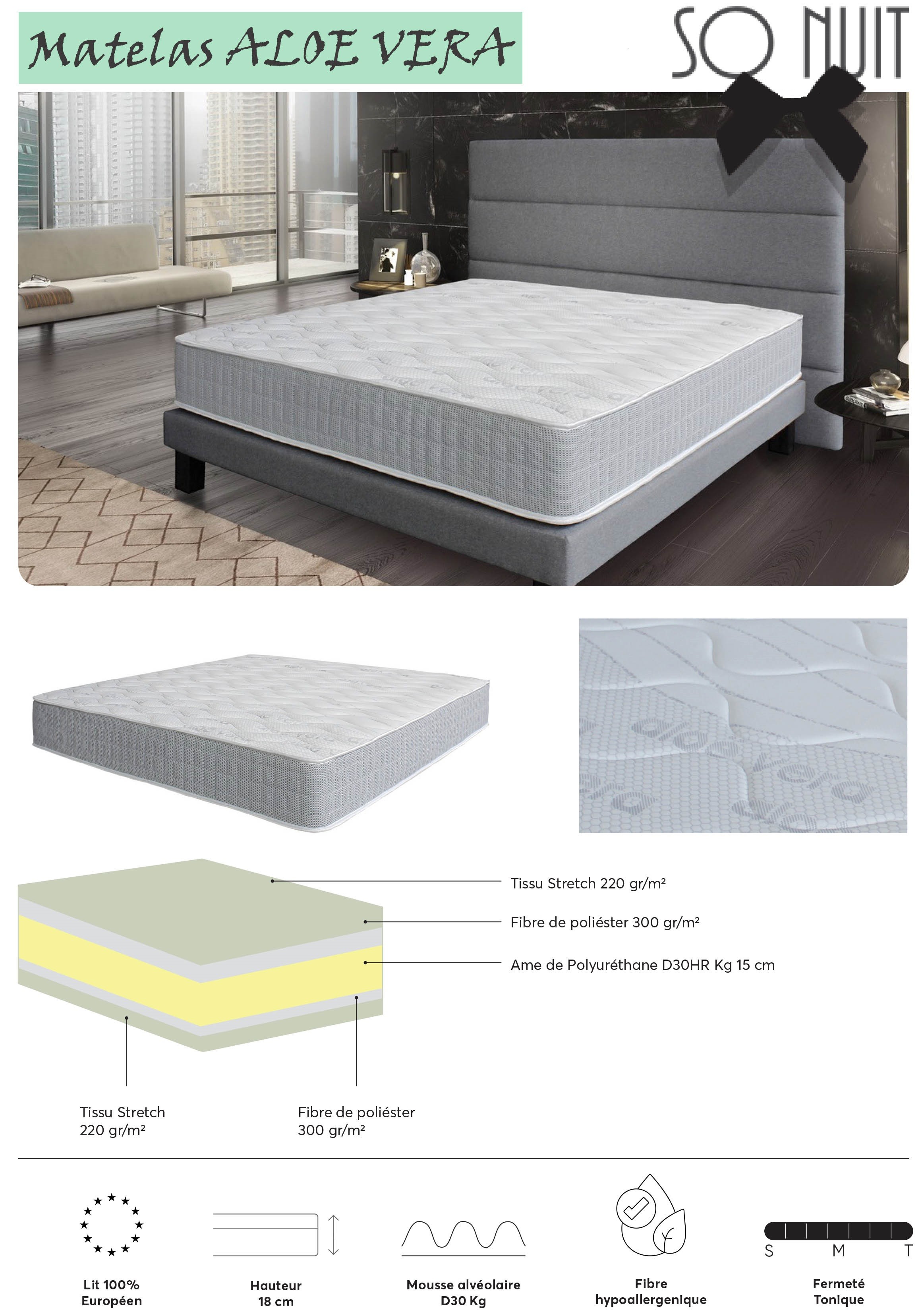 Matelas adulte mousse ALOE VERA 90 x 200 cm innovant - SO NUIT