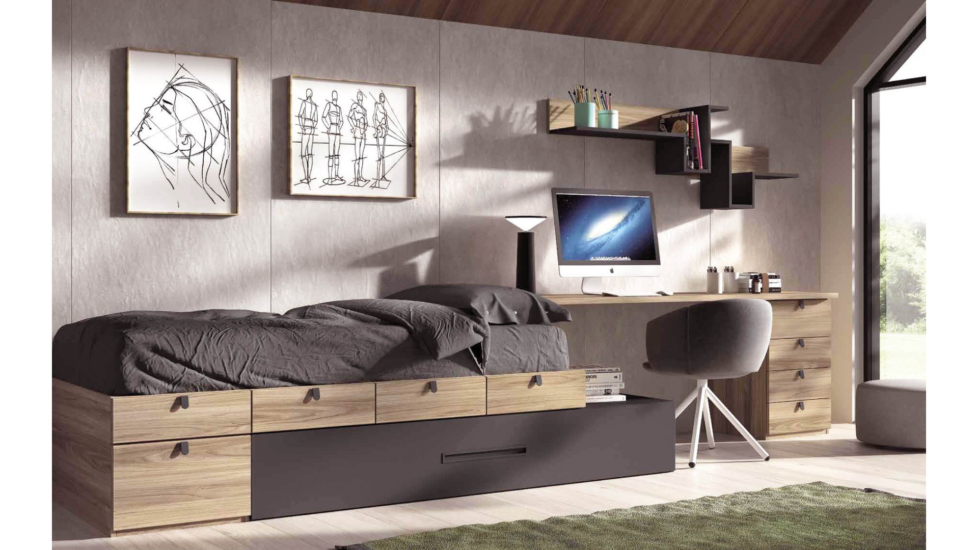 Chambre ado avec lit gigogne et bureau F153 - GLICERIO EVOLUTION