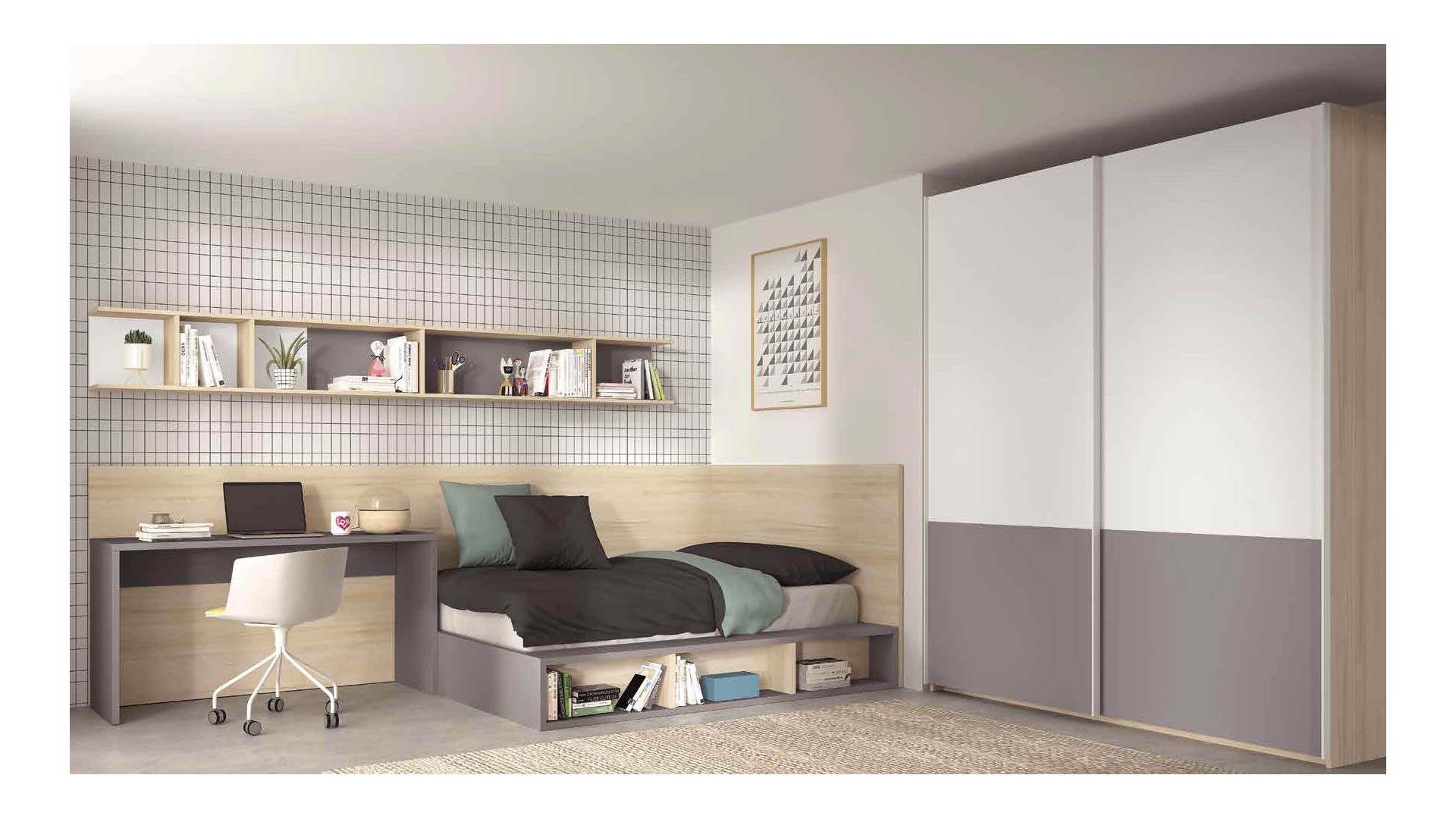 Chambre ado avec lit canapé avec bibliothèque F302 - GLICERIO EVOLUTION