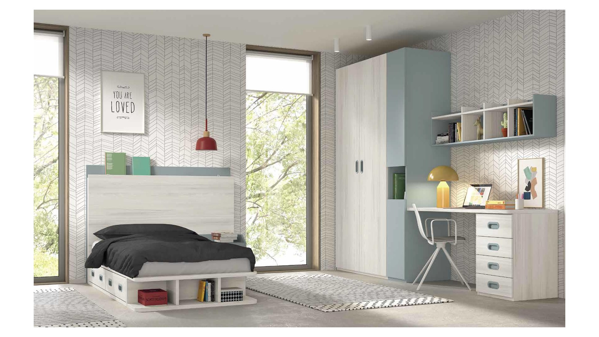 Chambre enfant avec lit 2 coffres et bibliothèque F305 - GLICERIO EVOLUTION