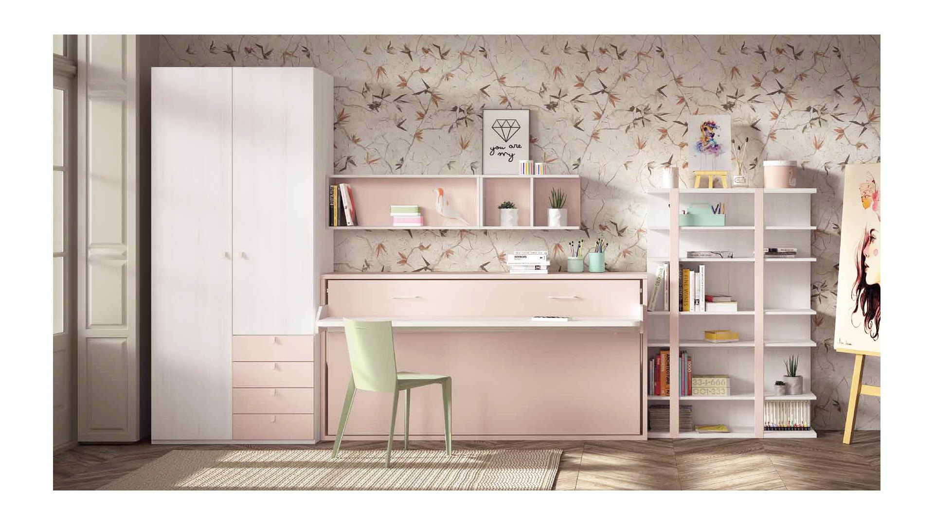 Chambre enfant fille avec lit escamotable bureau F257 - GLICERIO EVOLUTION