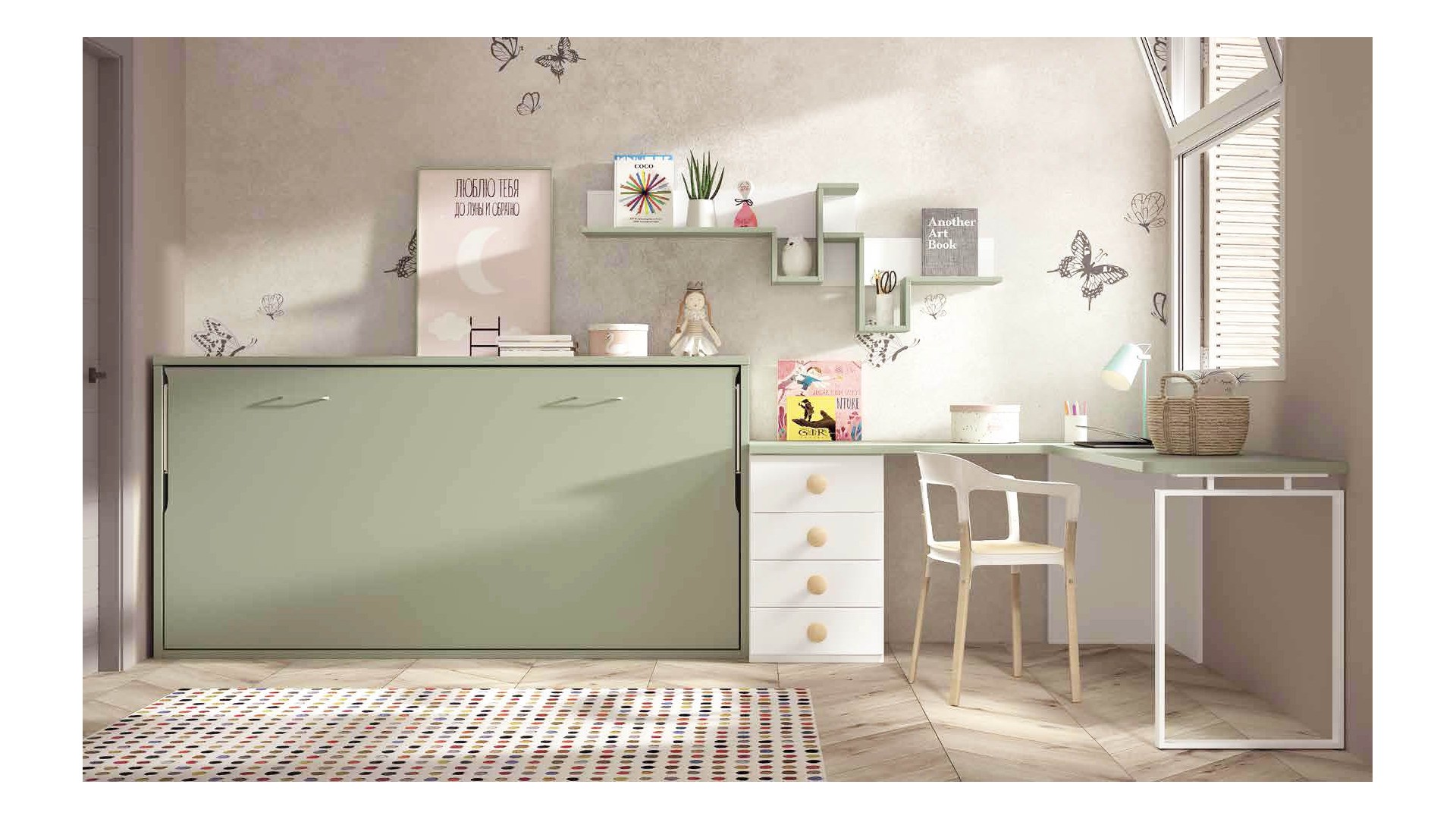 Chambre enfant avec lit escamotable et bureau d'angle F258