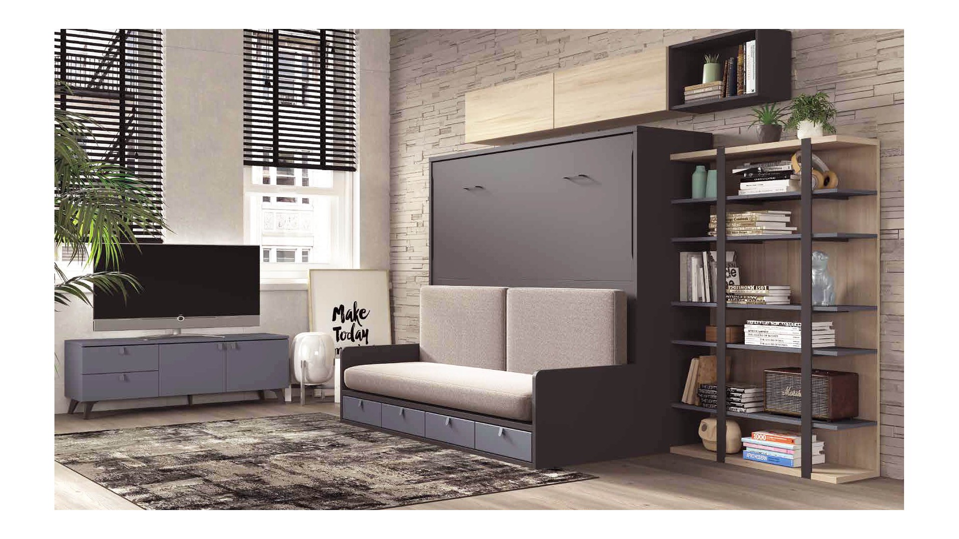 Lit escamotable avec canapé et meuble TV F268 - GLICERIO EVOLUTION