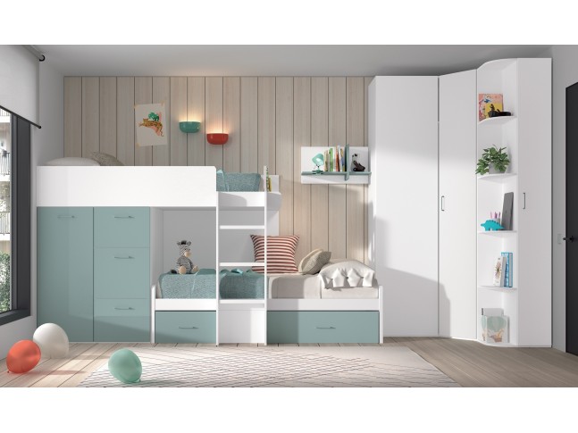 Lit superposé décalé avec armoire 1 porte + 3 coffres W028-1 - GLICERIO