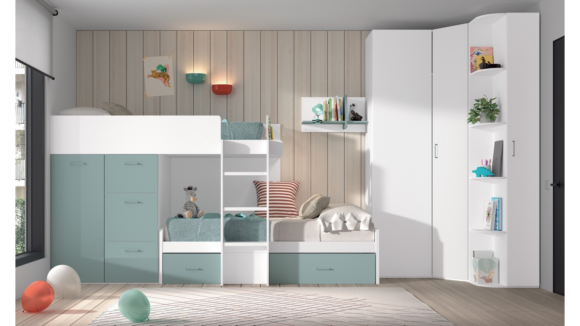 Lit superposé décalé avec armoire 1 porte + 3 coffres W028-1 - GLICERIO