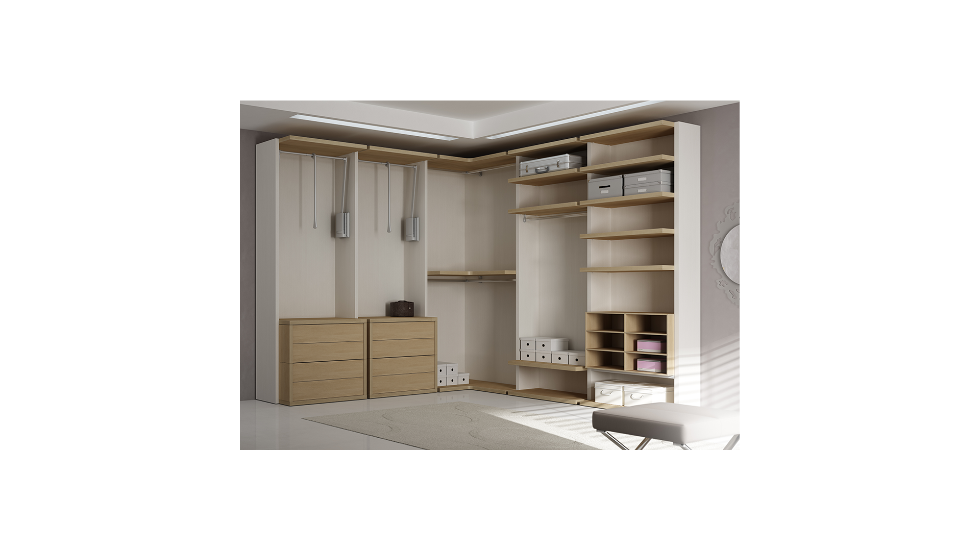 Dressing sur mesure PERSONNALISABLE AK16 avec étagères, penderies extractibles, niches & tiroirs - MORETTI COMPACT