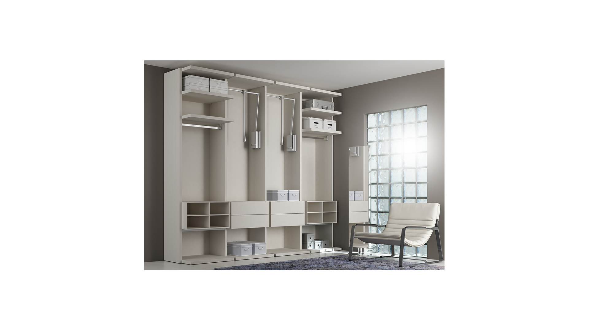Dressing sur mesure PERSONNALISABLE AK19 avec étagères, penderies extractibles coffres & niches suspendus - MORETTI COMPACT