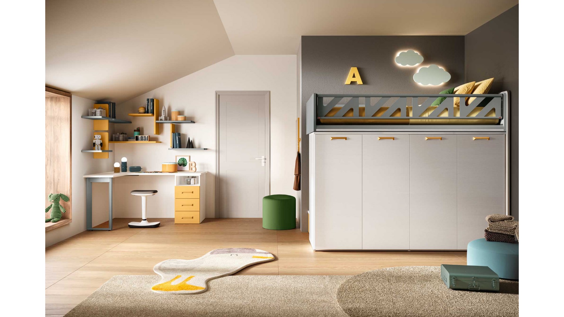 Lit mezzanine coulissant enfant avec escalier et passerelle d’accès - Chambre enfant PERSONNALISABLE K109 - MORETTI COMPACT