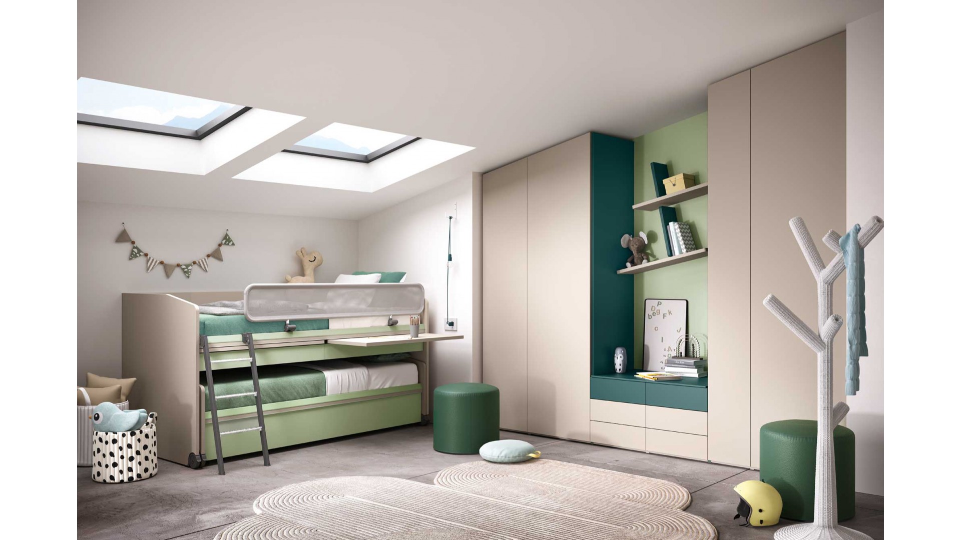 Lit multifonction avec lit gigogne et bureaux PERSONNALISABLE K124 - MORETTI COMPACT