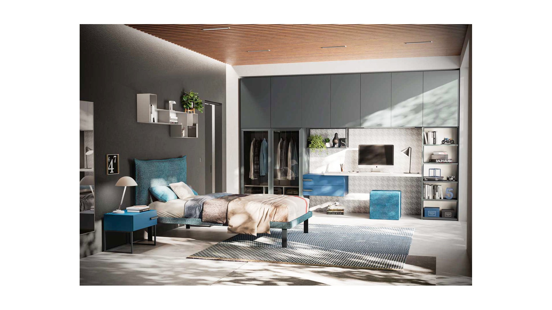 Chambre adulte avec lit tapissé dressing et bureau PERSONNALISABLE Y108 - MORETTI COMPACT