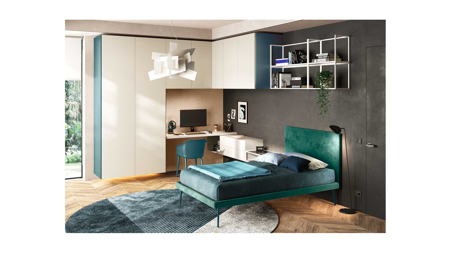 Chambre ado design italien avec lit tissu bleu PERSONNALISABLE Y111 - MORETTI COMPACT