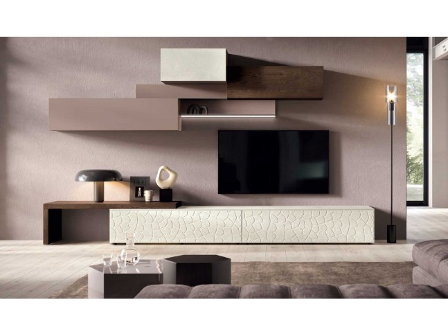 Meuble TV moderne Façades déco finition Texture Ciment PERSONNALISABLE KC103 - KOSMOS MORETTI COMPACT