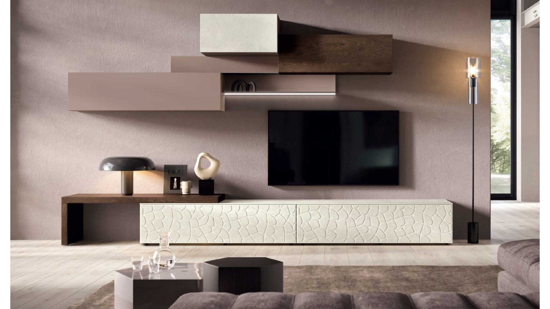 Meuble TV moderne Façades déco finition Texture Ciment PERSONNALISABLE KC103 - KOSMOS MORETTI COMPACT