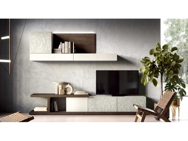 Meuble TV moderne Façades déco finition Texture Ciment PERSONNALISABLE KC131 - KOSMOS MORETTI COMPACT