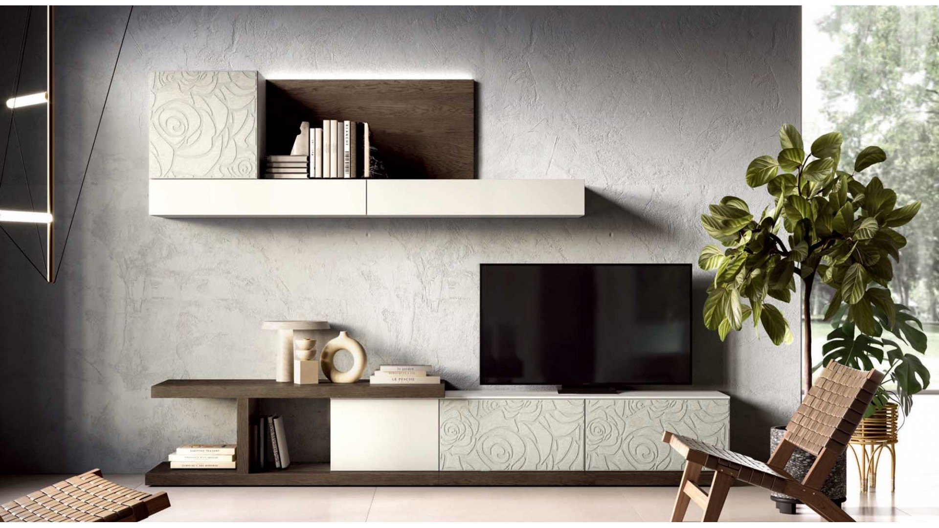 Meuble TV moderne Façades déco finition Texture Ciment PERSONNALISABLE KC131 - KOSMOS MORETTI COMPACT