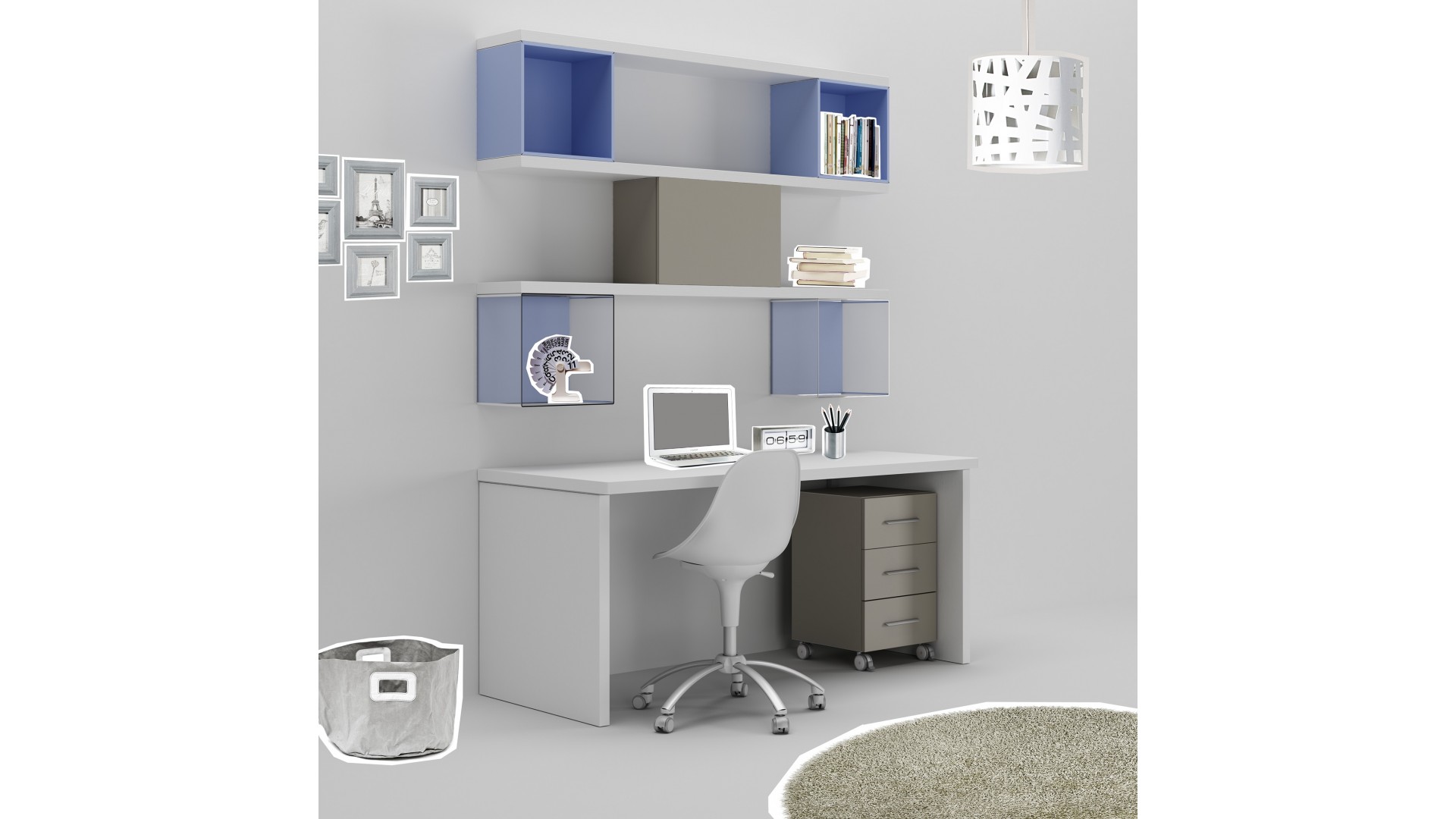 Bureau ado PERSONNALISABLE WS011avec bloc 3 tiroirs mobile et étagères déco - MORETTI COMPACT
