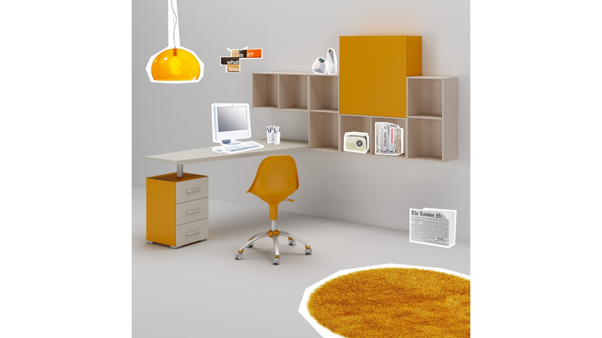 Bureau ado PERSONNALISABLE WS015 posé sur bloc 3 tiroirs et module haut - MORETTI COMPACT