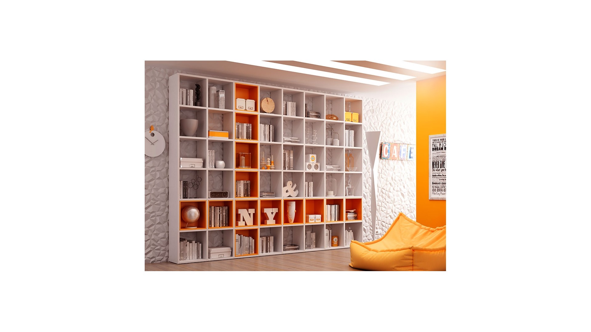 Bibliothèque Design PERSONNALISABLE AL14 avec niches Wall Box couleur Mandarine - MORETTI COMPACT