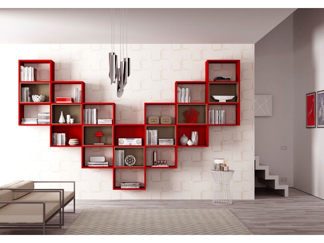 Bibliothèque design PERSONNALISABLE AL15 couleur cerise & tourterelle - MORETTI COMPACT