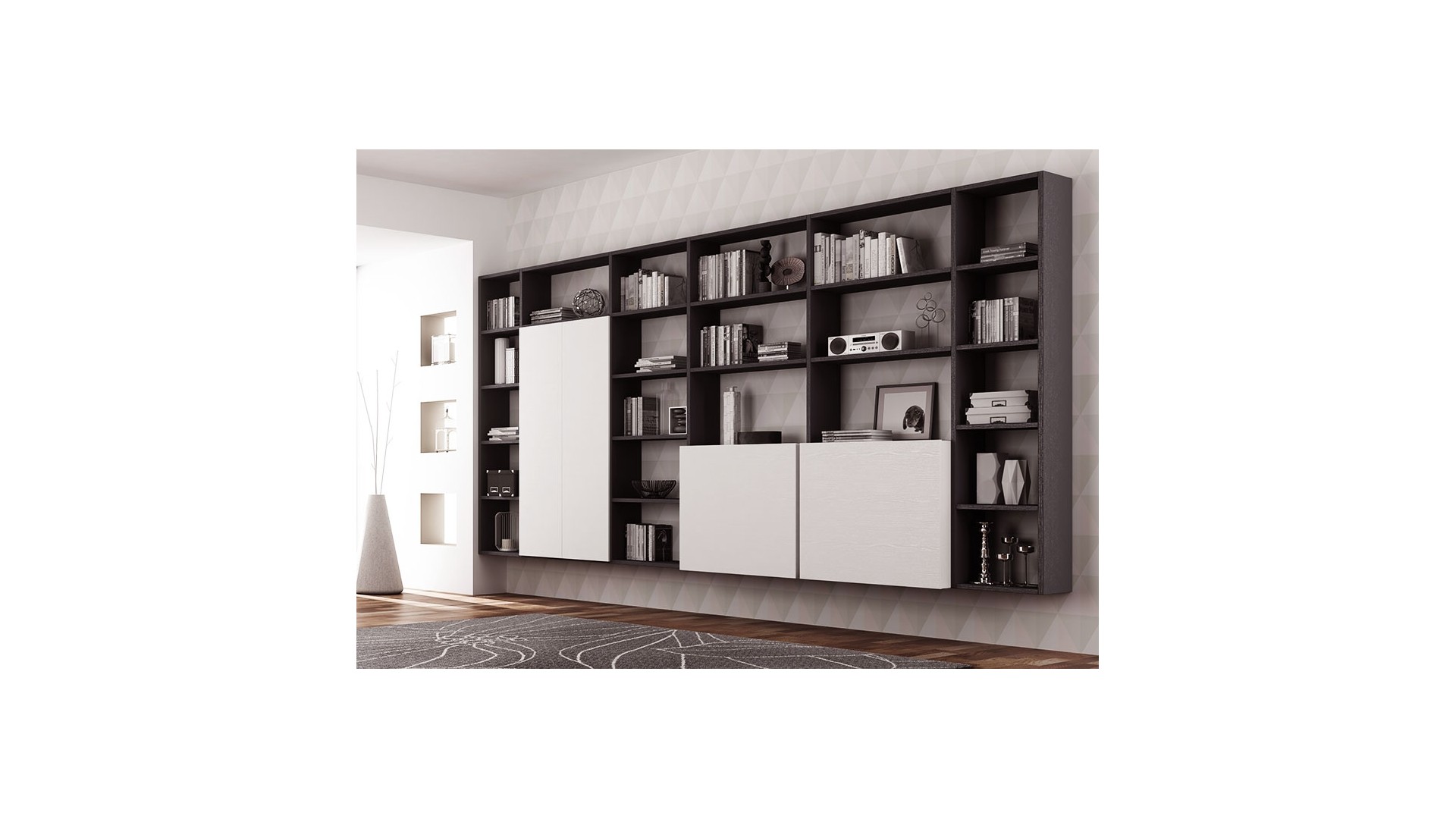 Bibliothèque design PERSONNALISABLE AL16 suspendue avec structure & porte avec push-pull - MORETTI COMPACT