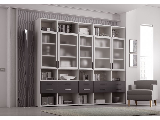 Bibliothèque Design PERSONNALISABLE AL19 avec portes vitrées & tiroirs  - MORETTI COMPACT