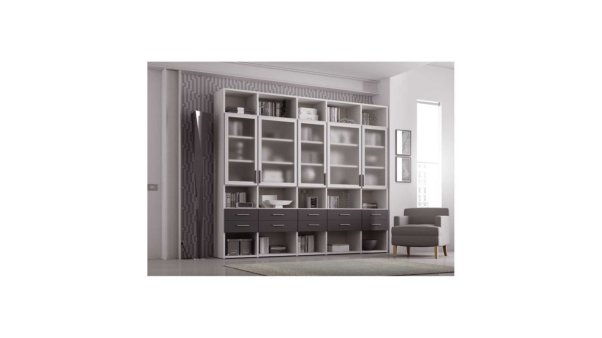 Bibliothèque Design PERSONNALISABLE AL19 avec portes vitrées & tiroirs  - MORETTI COMPACT