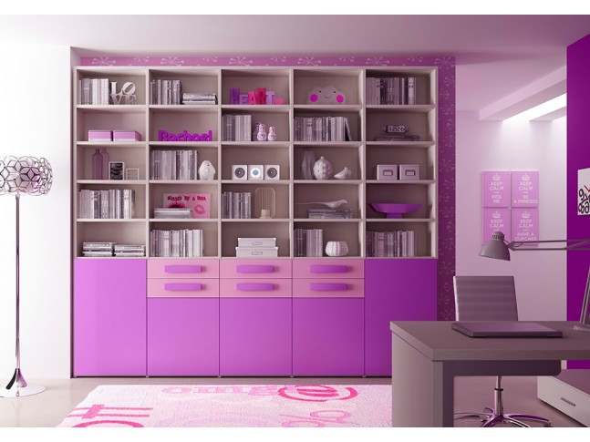 Bibliothèque Design PERSONNALISABLE AL21 avec niches ouvertes, portes Lila & tiroirs Poudré - MORETTI COMPACT