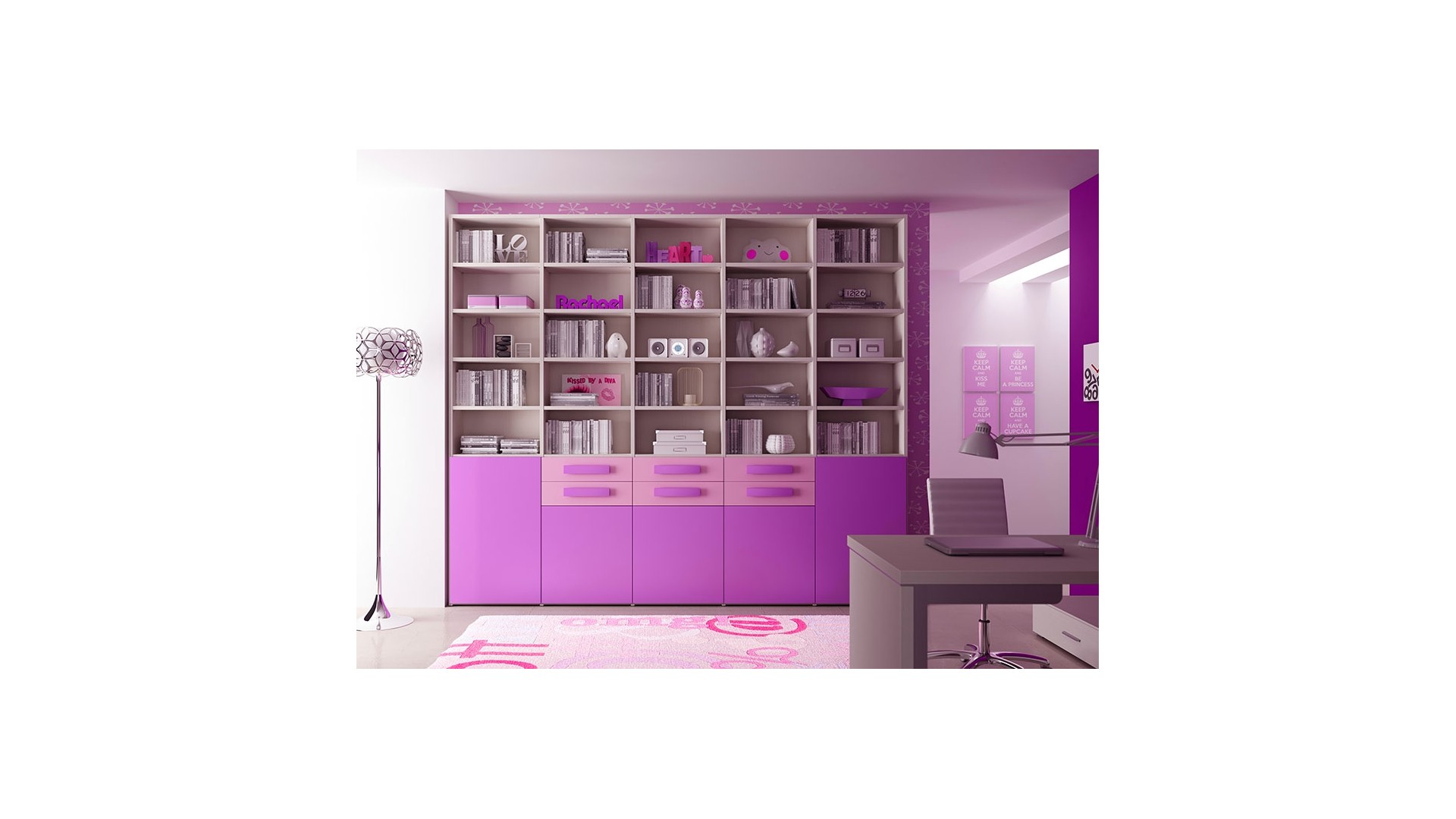 Bibliothèque Design PERSONNALISABLE AL21 avec niches ouvertes, portes Lila & tiroirs Poudré - MORETTI COMPACT