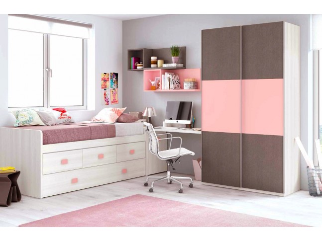 Chambre fille rose composition L008 avec lit gigogne - GLICERIO