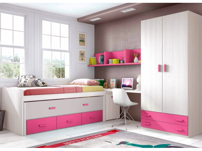 Chambre fille rose composition L011 avec lit gigogne - GLICERIO