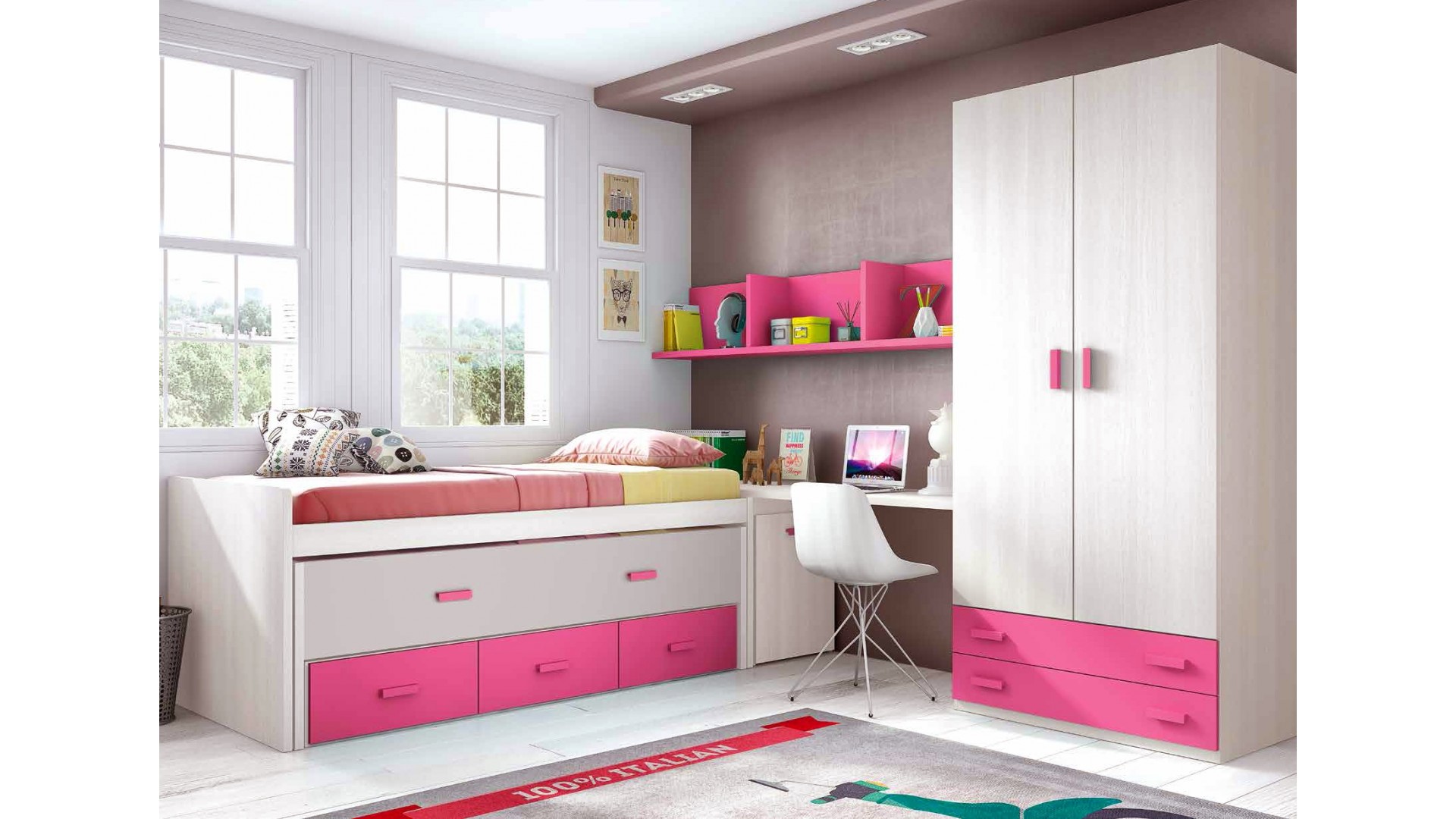 Chambre fille rose composition L011 avec lit gigogne - GLICERIO