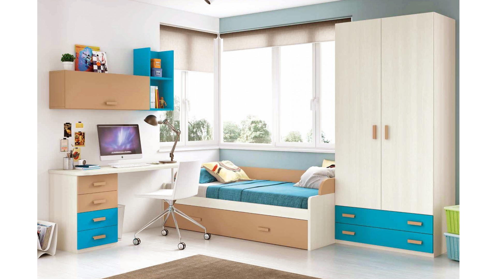 Chambre enfant garcon fun avec lit 3 coffres GLICERIO