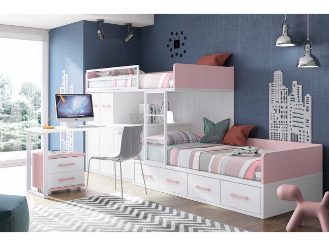 Dmora - Lit pour enfants Dannon, Chambre complète avec armoire et tiroirs,  Composition de lits superposés avec